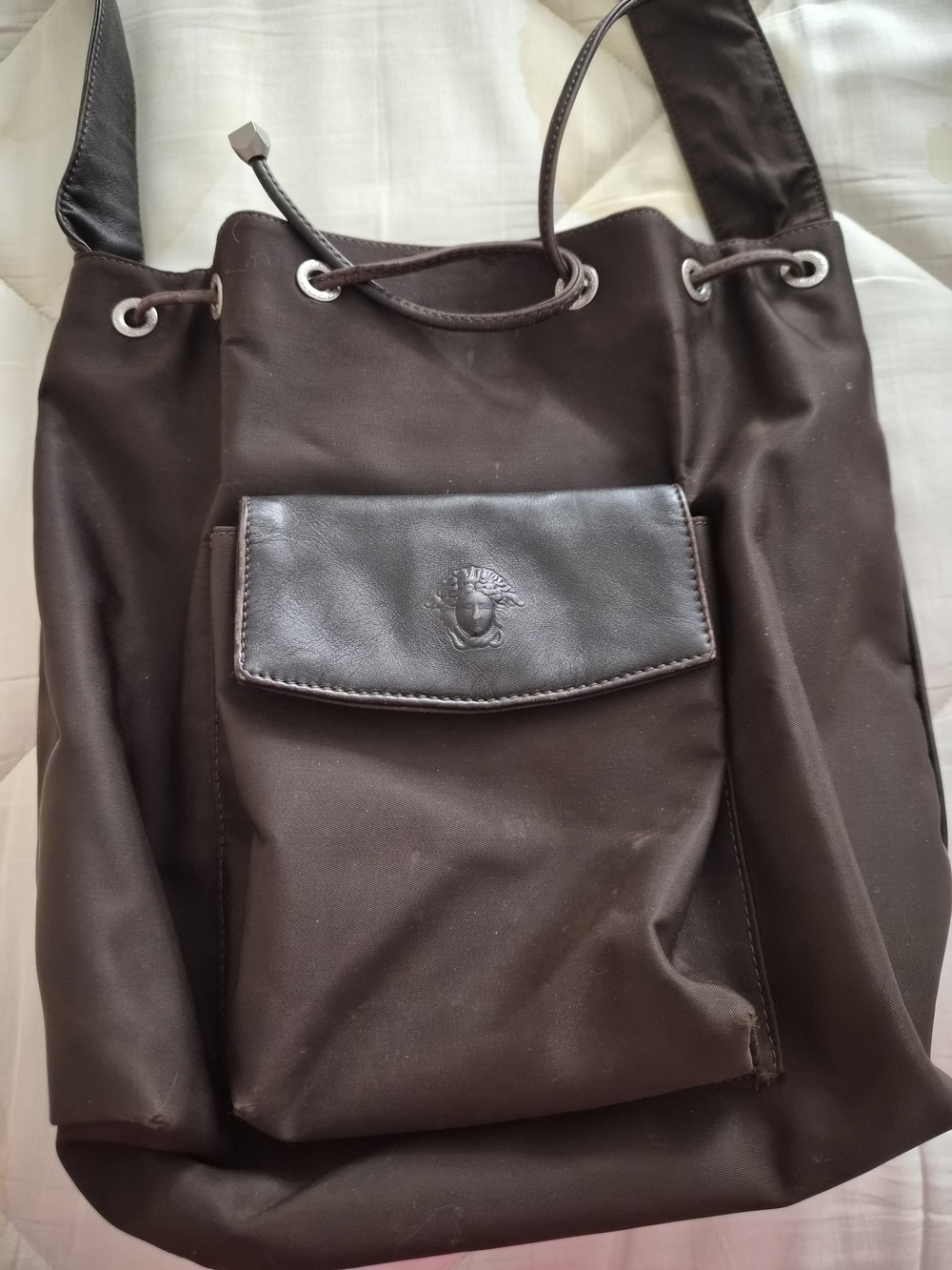 ​VTG Gianni Versace Brown Nylon & Leather Medusa Drawstring Bucket Bag